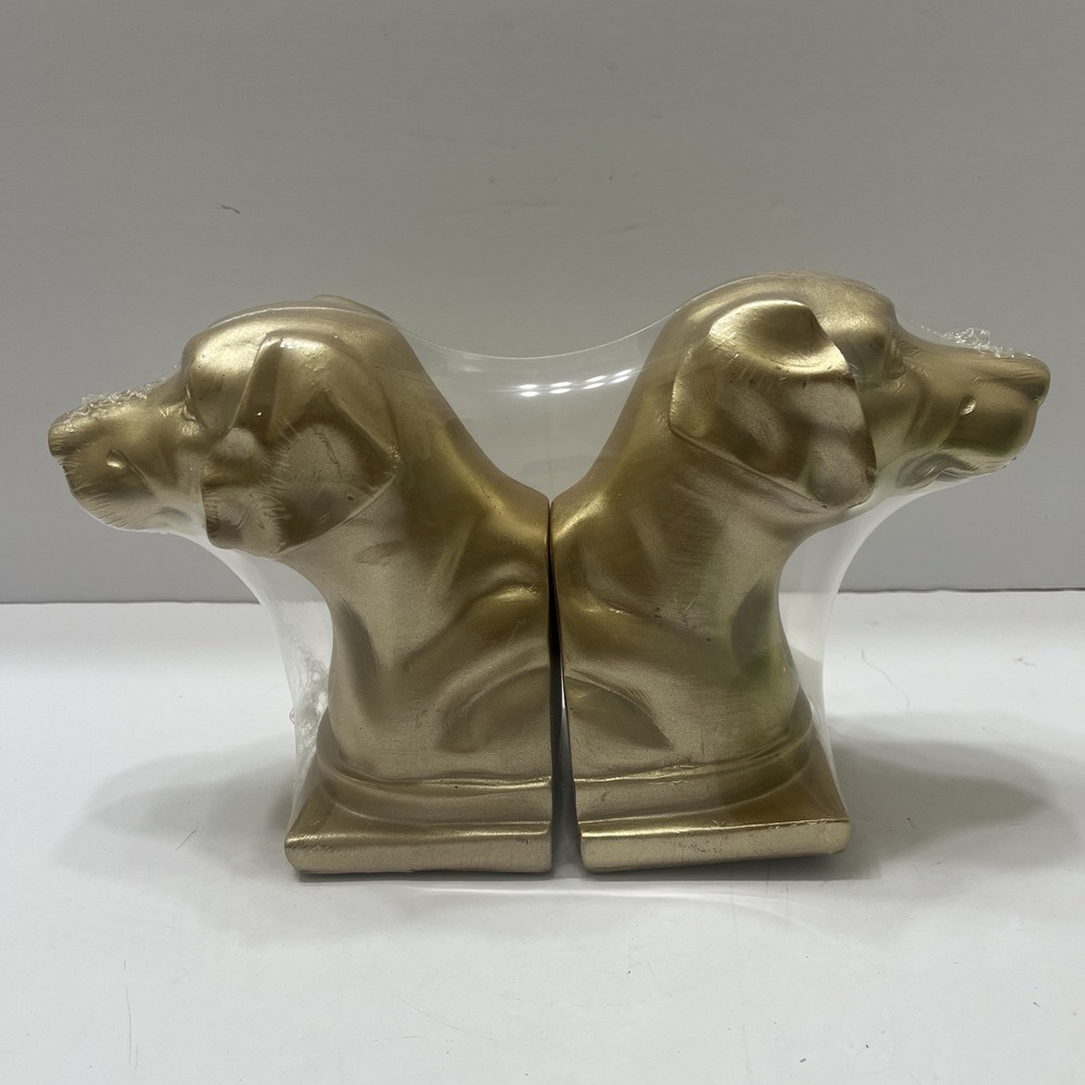 Goldtone Dog Head Bookends Resin 6.25x5" Holly Williams New